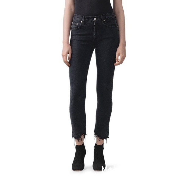 AGOLDE Women's Toni Mid-Rise Straight Jeans Chewed Pockets Hem Feral Black 24 - Picture 1 of 7